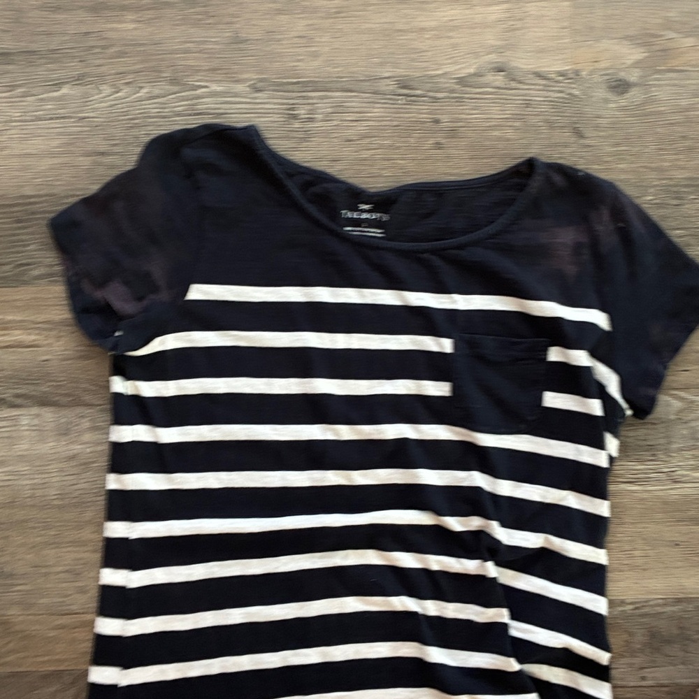 Talbots Washed Out Sleeves Cotton Classic Black White Pocket Nautical Tee S